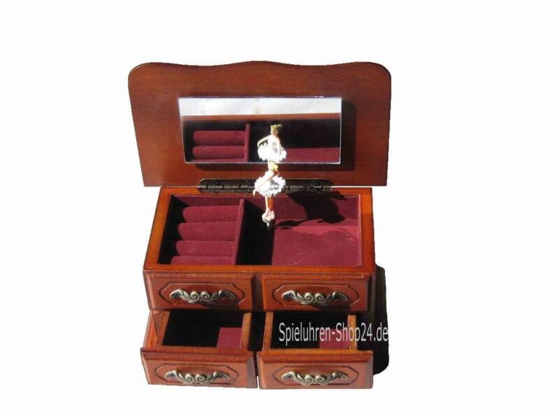 Schmucktruhe Holz mit Ballerina, Ansicht von oben in die geöffnete Truhe