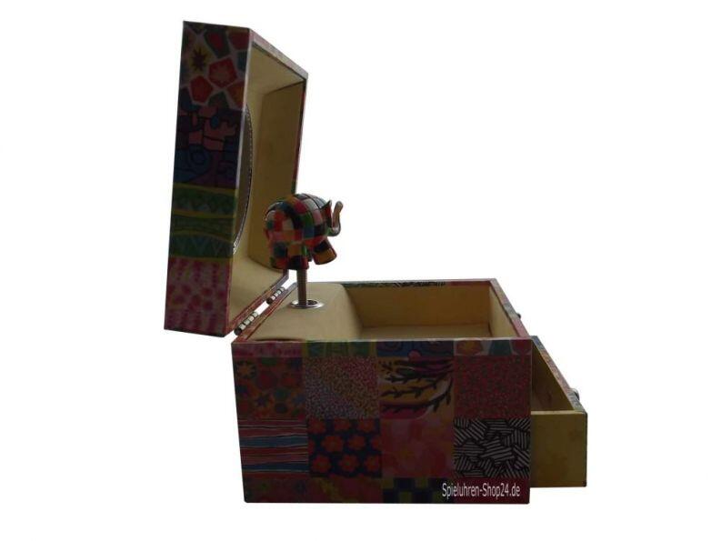 Elmar der Elefant, Spieluhr Würfel-Form von Trousselier©, Seitenansicht geöffnete Spieluhr