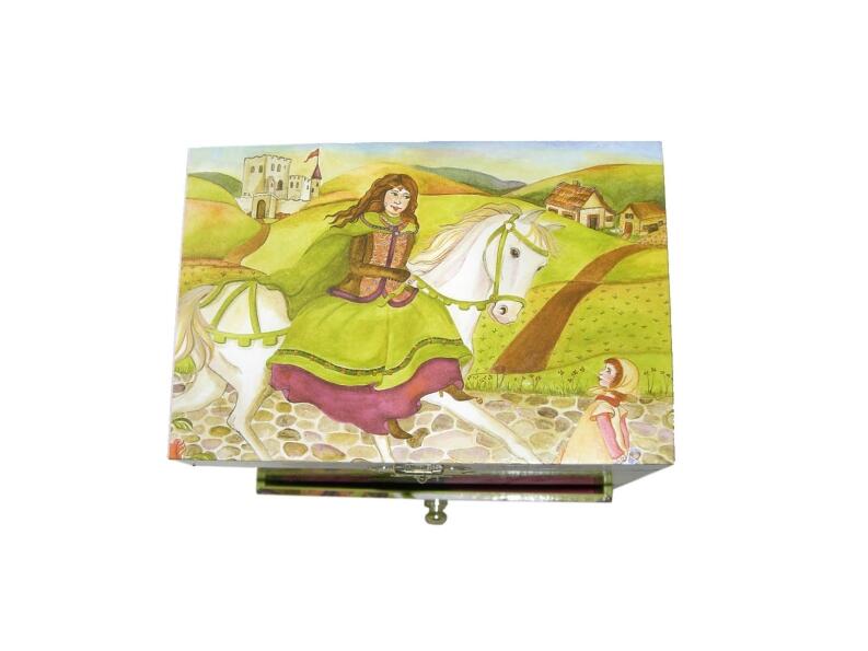 Märchenhafte Spieluhr mit Pferd, geschlossene Musikdose Sicht von oben, eine Schublade leicht