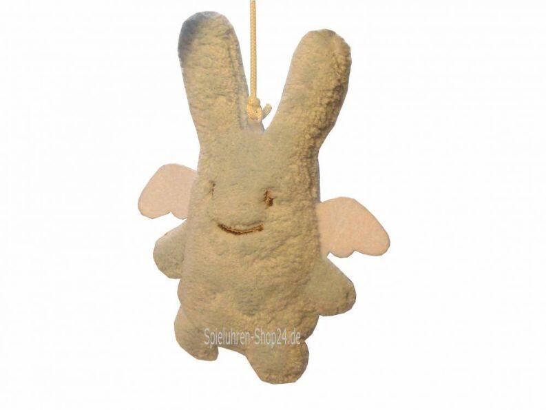 Musik Plüsch Spieluhr Stern mit Engelshase hellblau, Ansicht des Engelshasen am Ende des Zugbandes