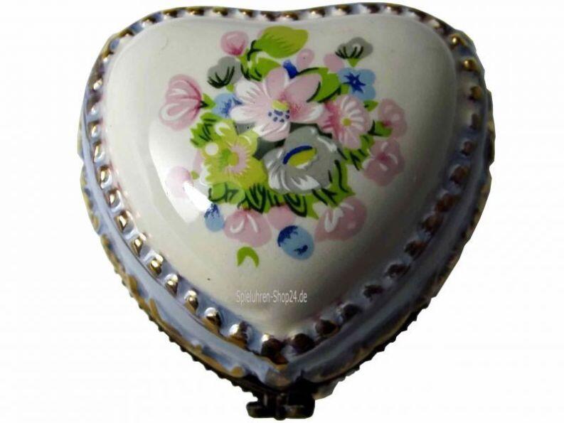 Pillendose Porzellan  Frühlingsblumen  mit Miniatur-Spieluhr, apart verzierter Deckel