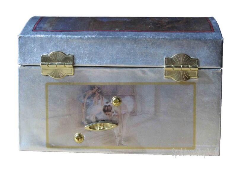 Schmucktruhe Ballett silber, Ansicht geschlossene Spieldose Rückseite mit Aufziehmechanismus