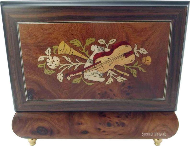 Schatulle Spieluhr mit Intarsien Instrumente und Blumen, Rückseit offen