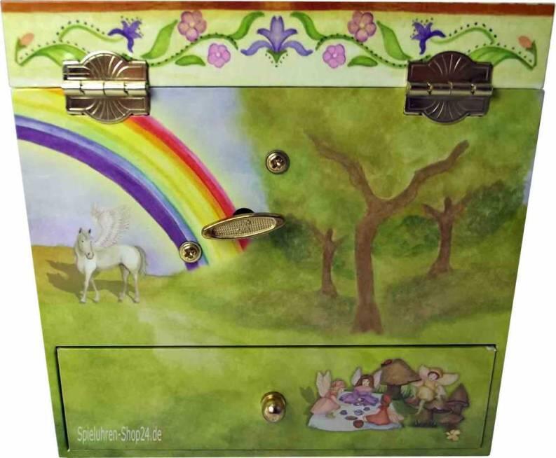 Auf der Rückseite dieser Spieldose lassen sich vier zarte Elfen ein Picknick schmecken