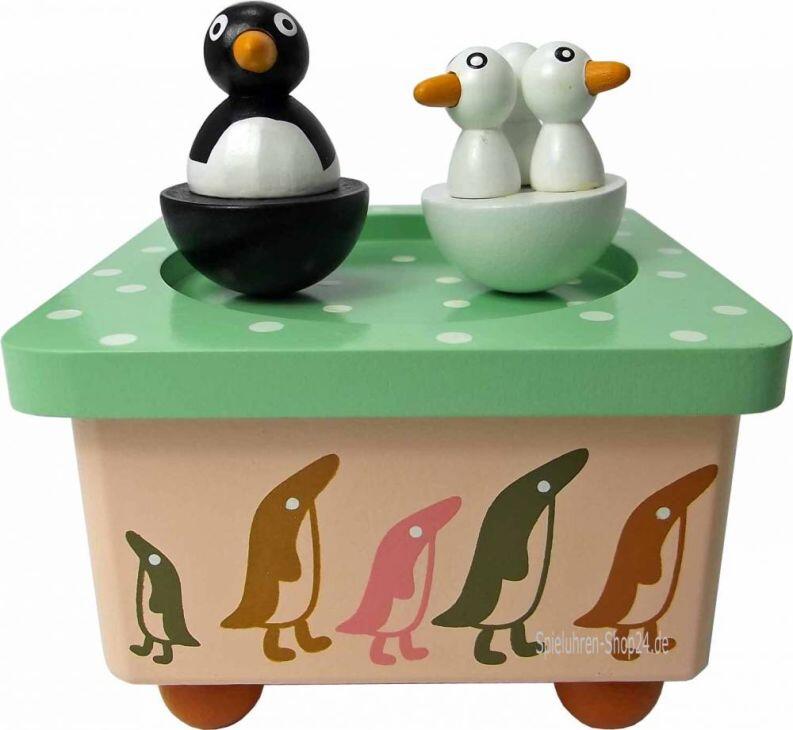 Spieldose rundum mit vielen Pinguinen im Frack bemalt